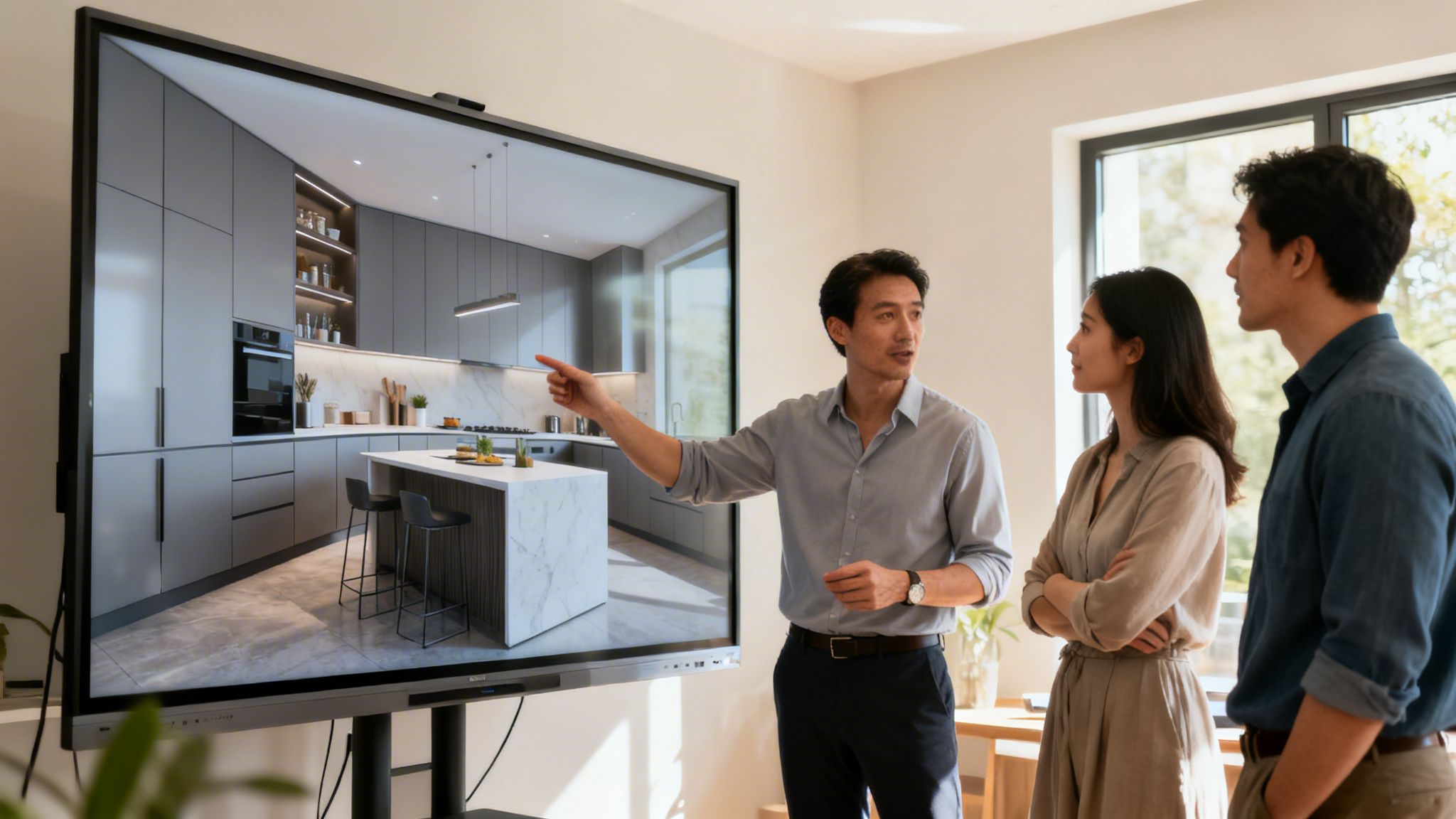A professional interior designer presenting a kitchen renovation plan to a couple on a large digital screen.