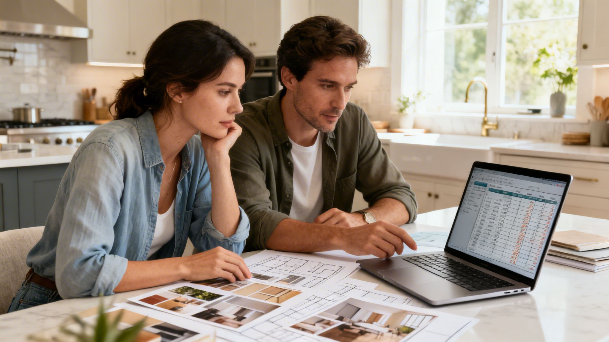 A couple sits at a kitchen counter reviewing design plans and a spreadsheet on their laptop computer.
