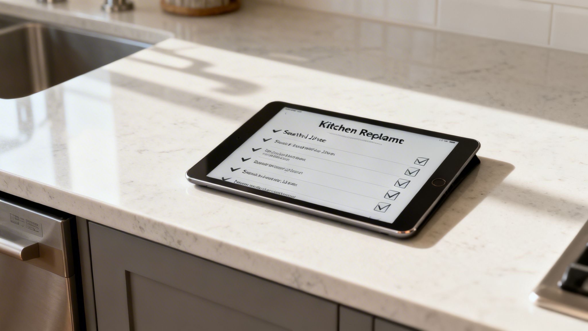 A tablet displaying a kitchen remodel checklist sits on a marble countertop in a modern home kitchen.