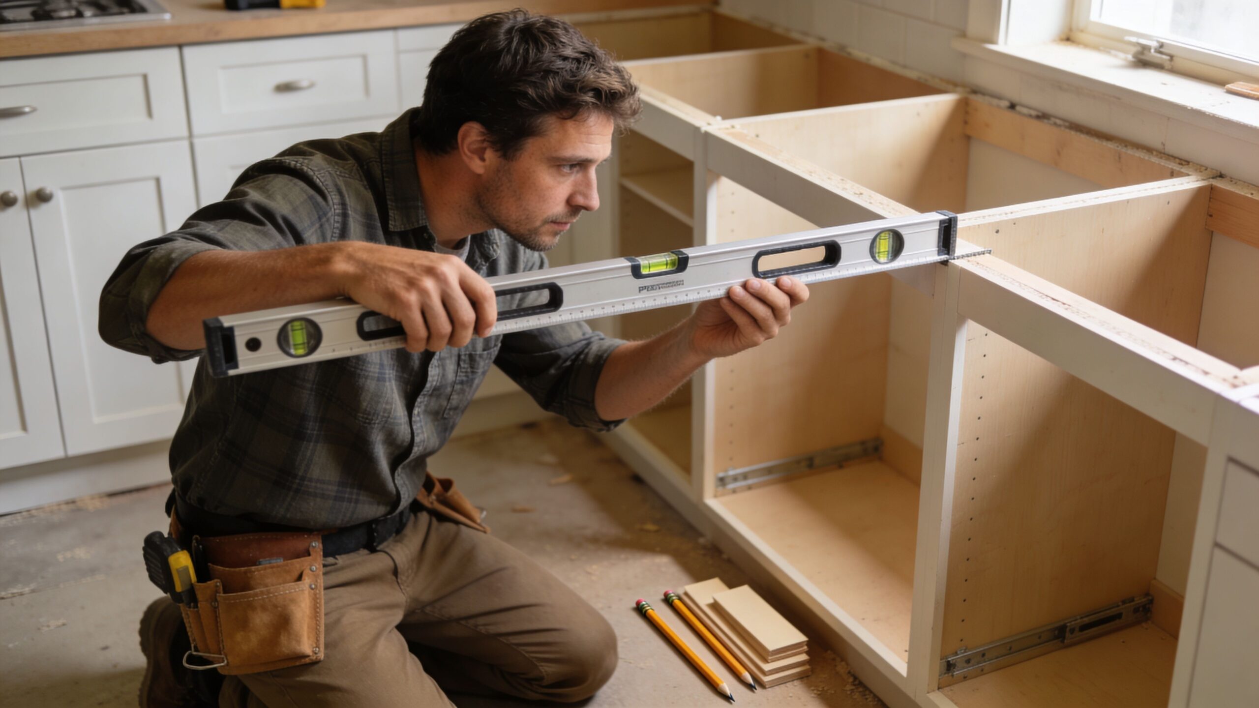A professional carpenter using a spirit level to ensure a kitchen cabinet base is perfectly straight.