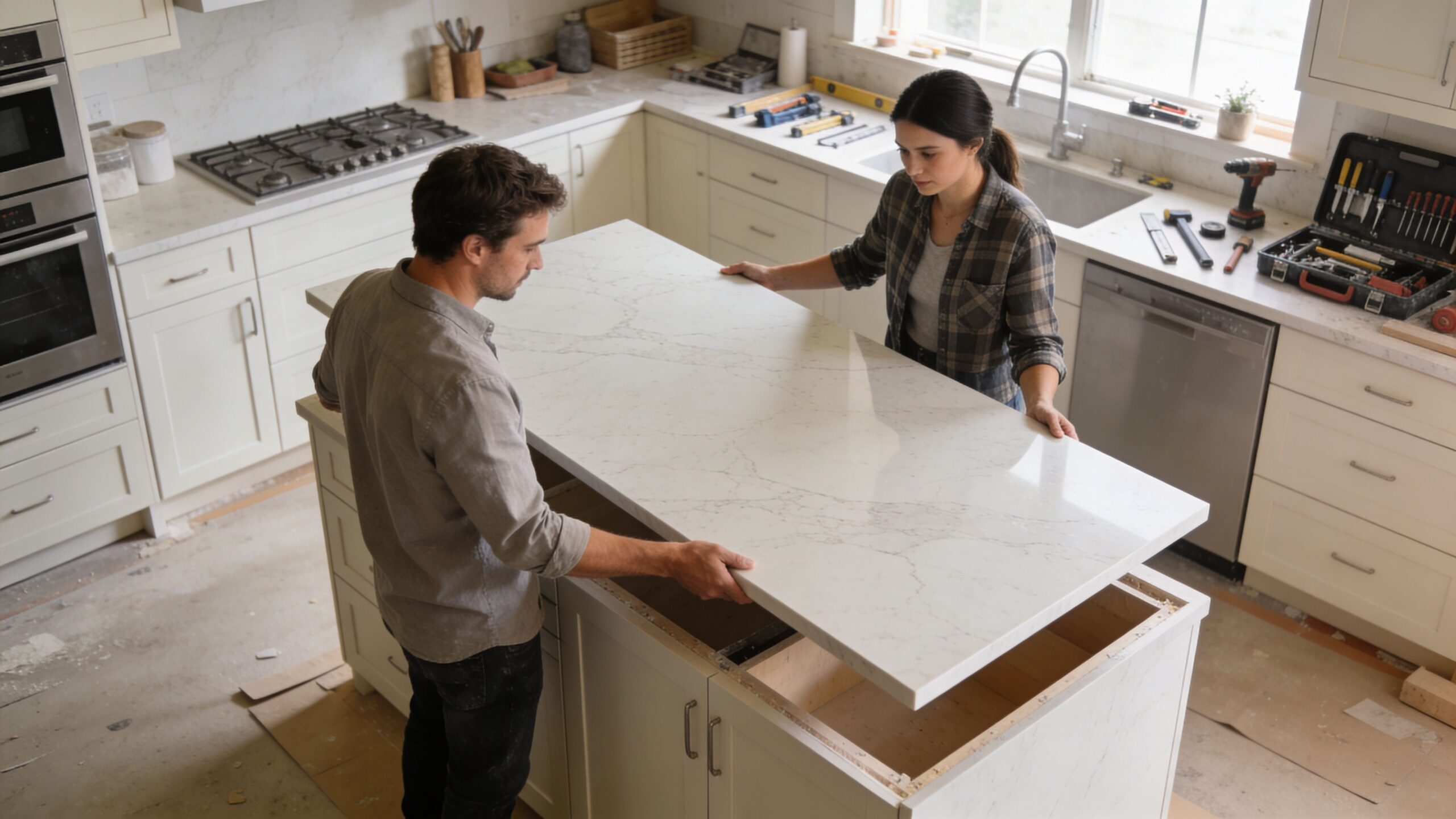 A man and woman working together to install a new stone kitchen island countertop in their home.