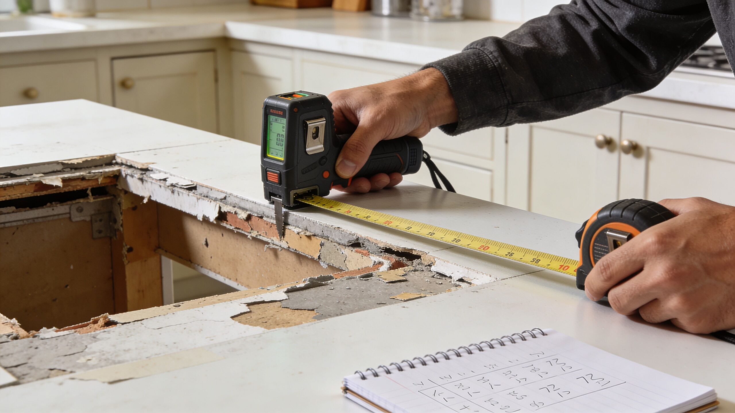A close-up view of a person using a laser distance measure and tape measure to record kitchen countertop dimensions.