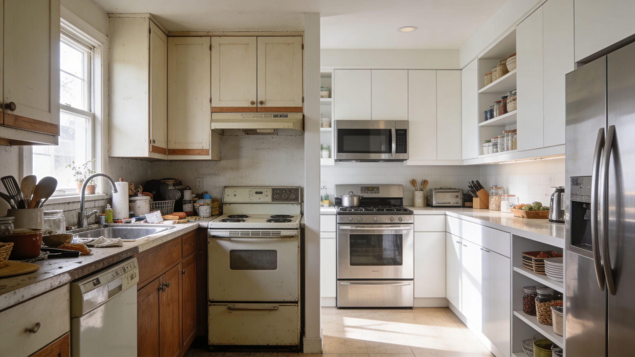 A split-view image showing a rustic, aged kitchen on the left and a modern white kitchen on the right.