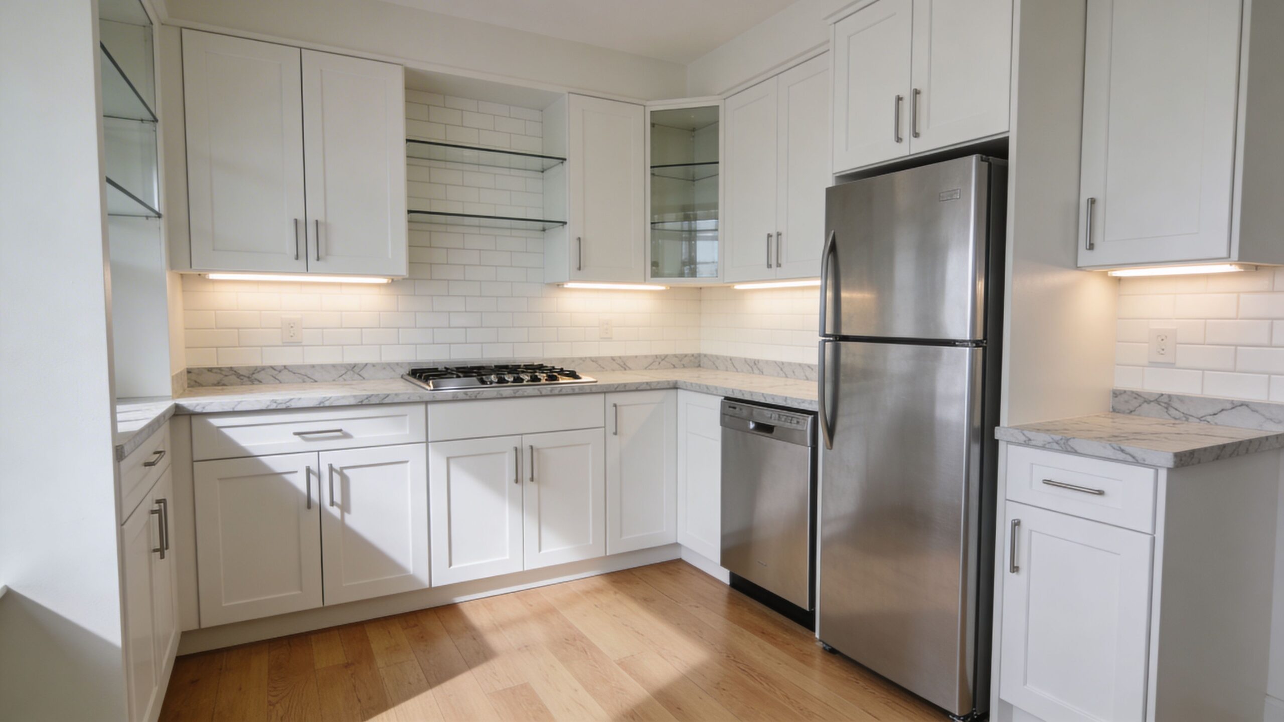 A bright, modern kitchen featuring white shaker cabinets, marble countertops, stainless steel appliances, and wood flooring.