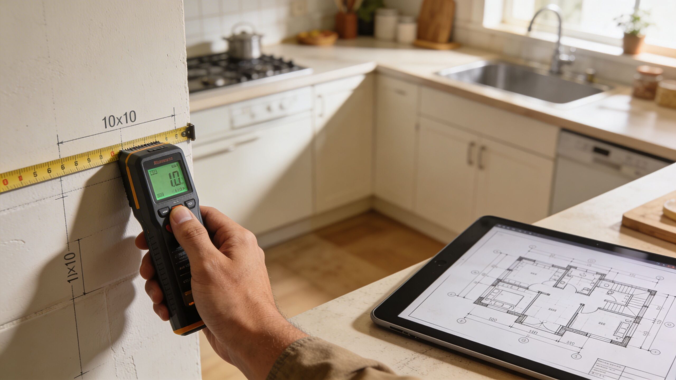 A person using a digital stud finder to measure a white wall in a modern kitchen setting.