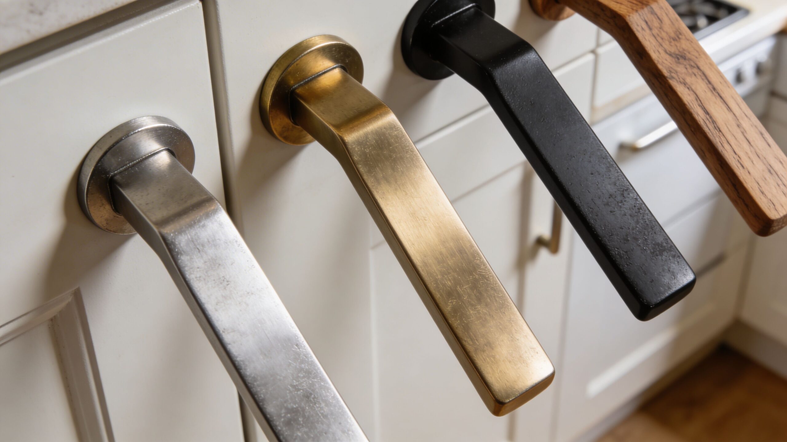 A selection of kitchen cabinet door handles displayed in metal finishes including silver, brass, black, and natural wood.