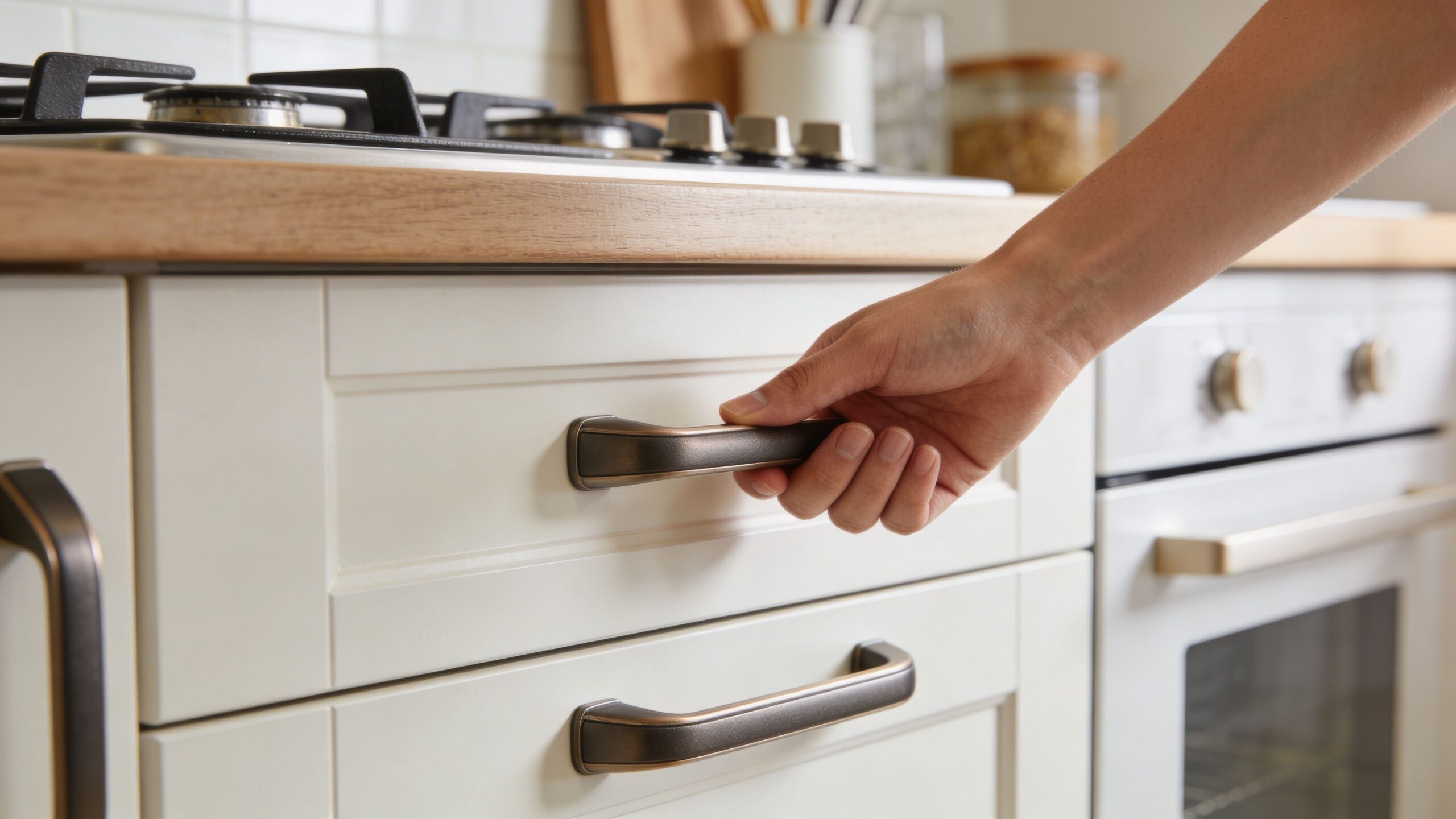 A hand pulling open a kitchen drawer using the antique-style metal handle on white cabinetry.