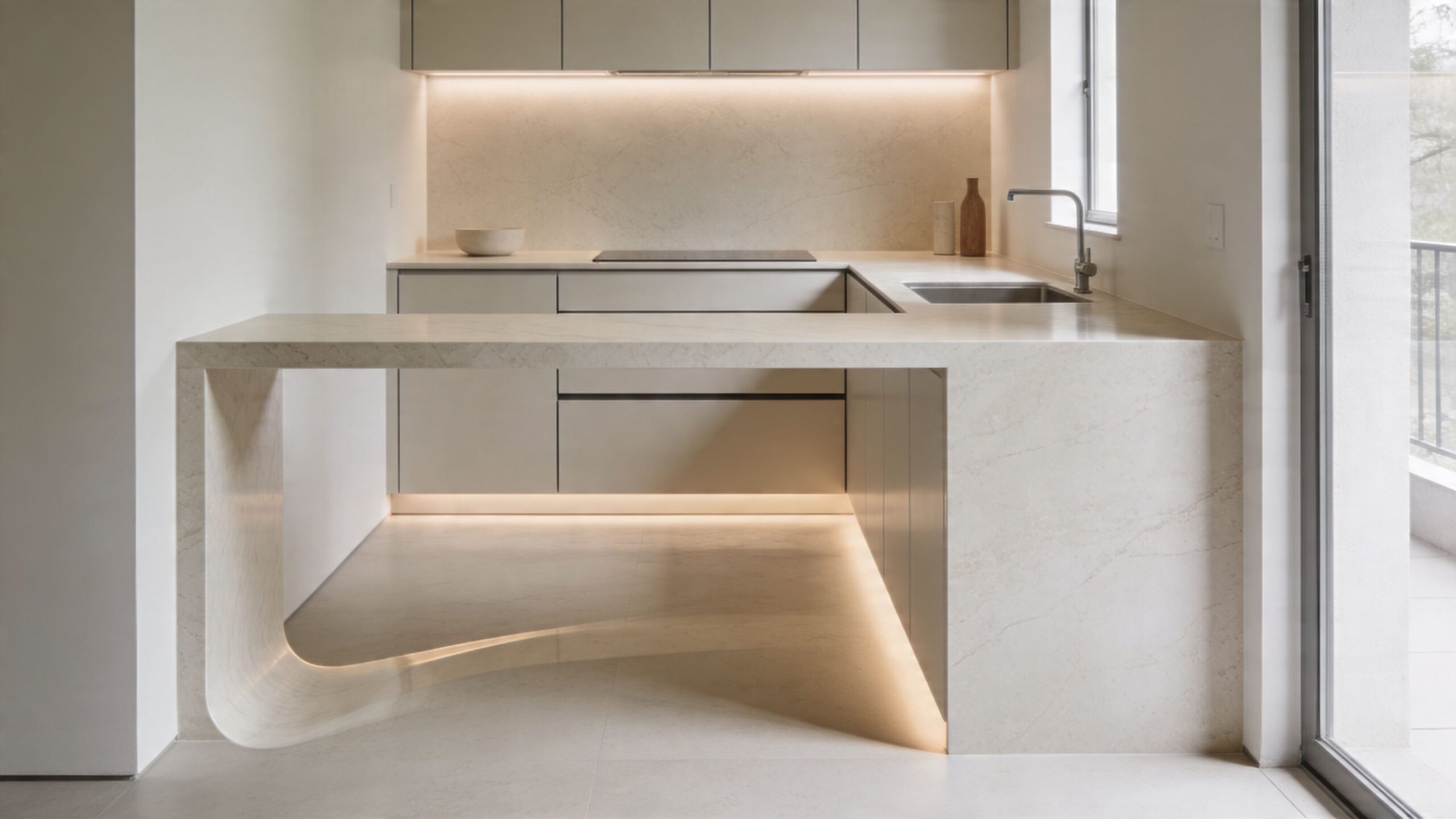 A modern kitchen with a unique stone island featuring a curved, illuminated design and minimalist cabinetry.