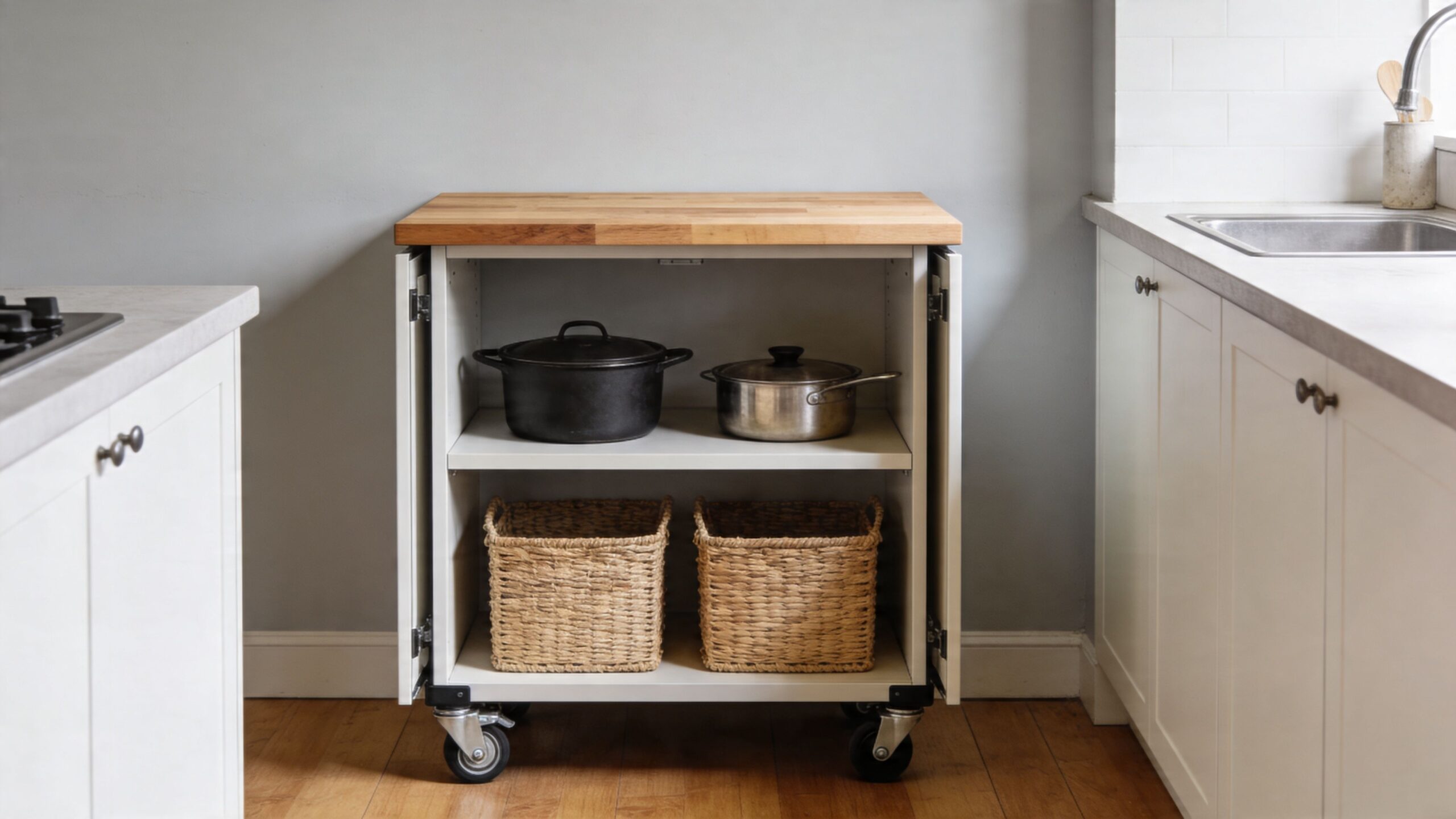 A modern kitchen island on wheels with a wooden top, storage shelves, and baskets, sitting between cabinets.