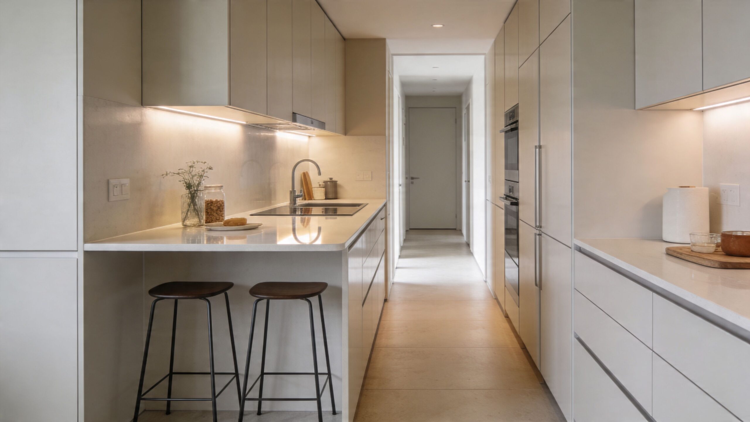 A minimalist, modern galley kitchen featuring a white countertop with breakfast bar seating and hidden storage cabinets.