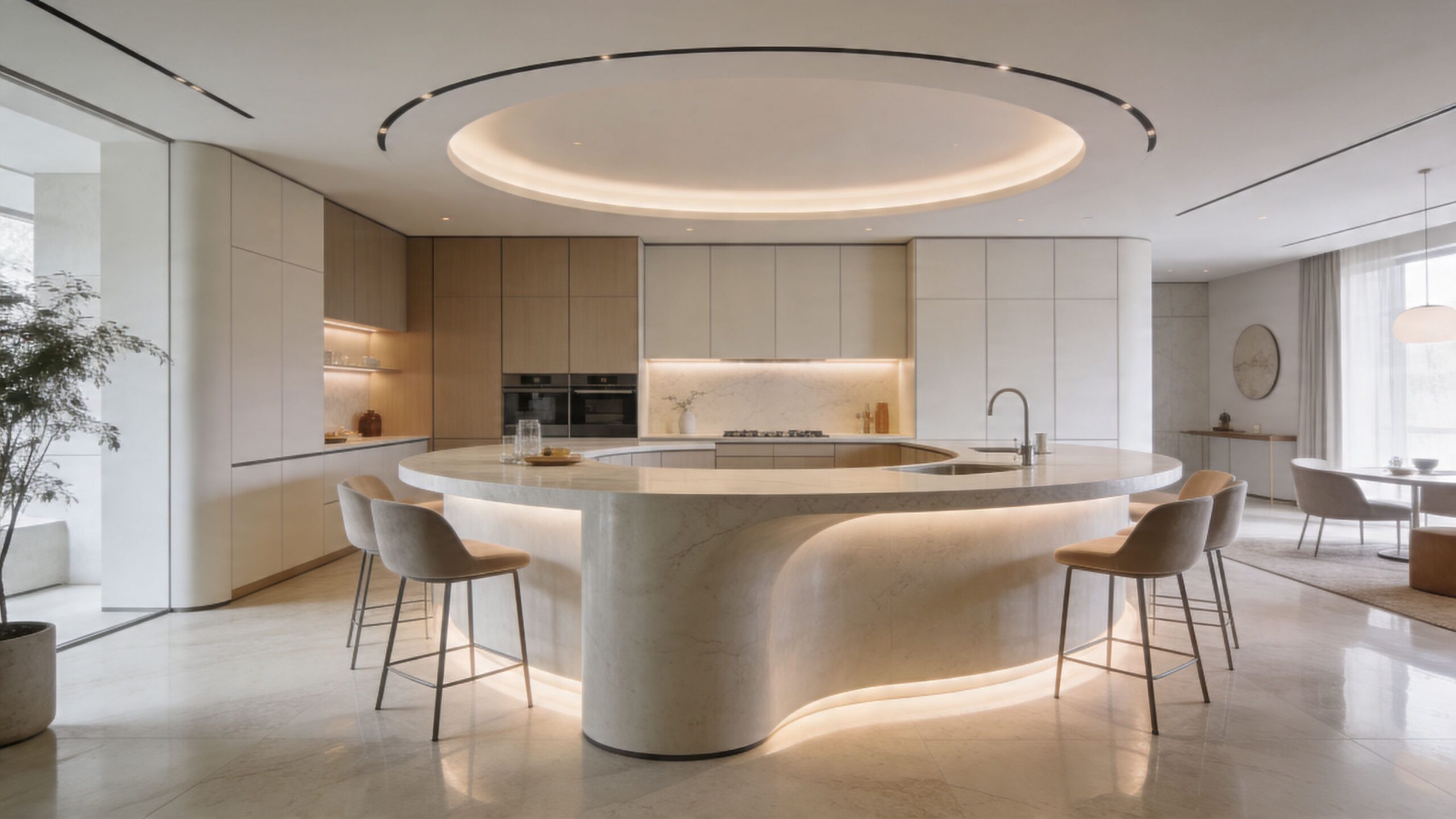 A luxurious modern kitchen featuring a large curved marble island and circular ceiling lighting with bar stools.