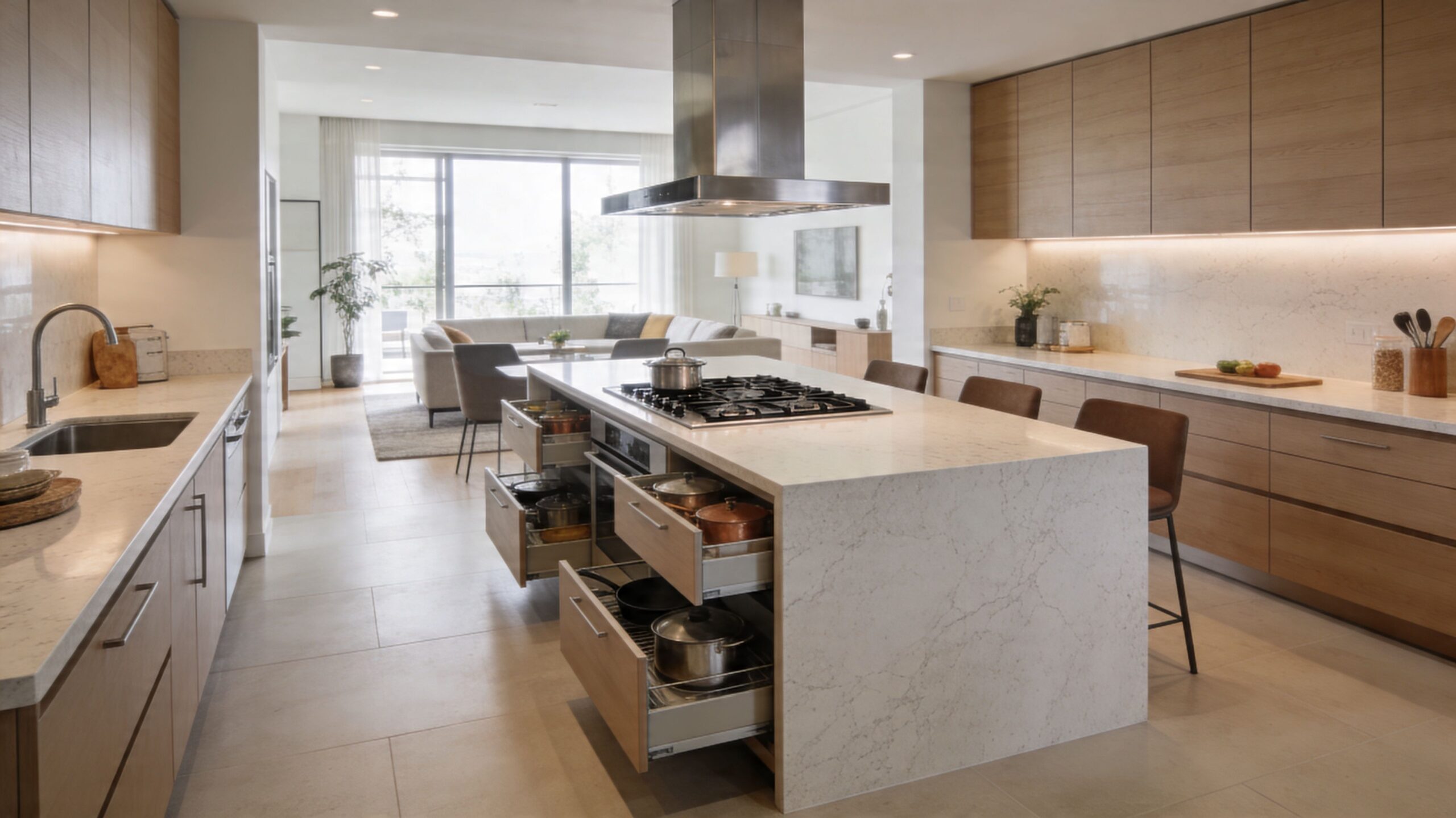 A modern kitchen island with pull-out storage drawers and a gas cooktop in a bright, contemporary home.