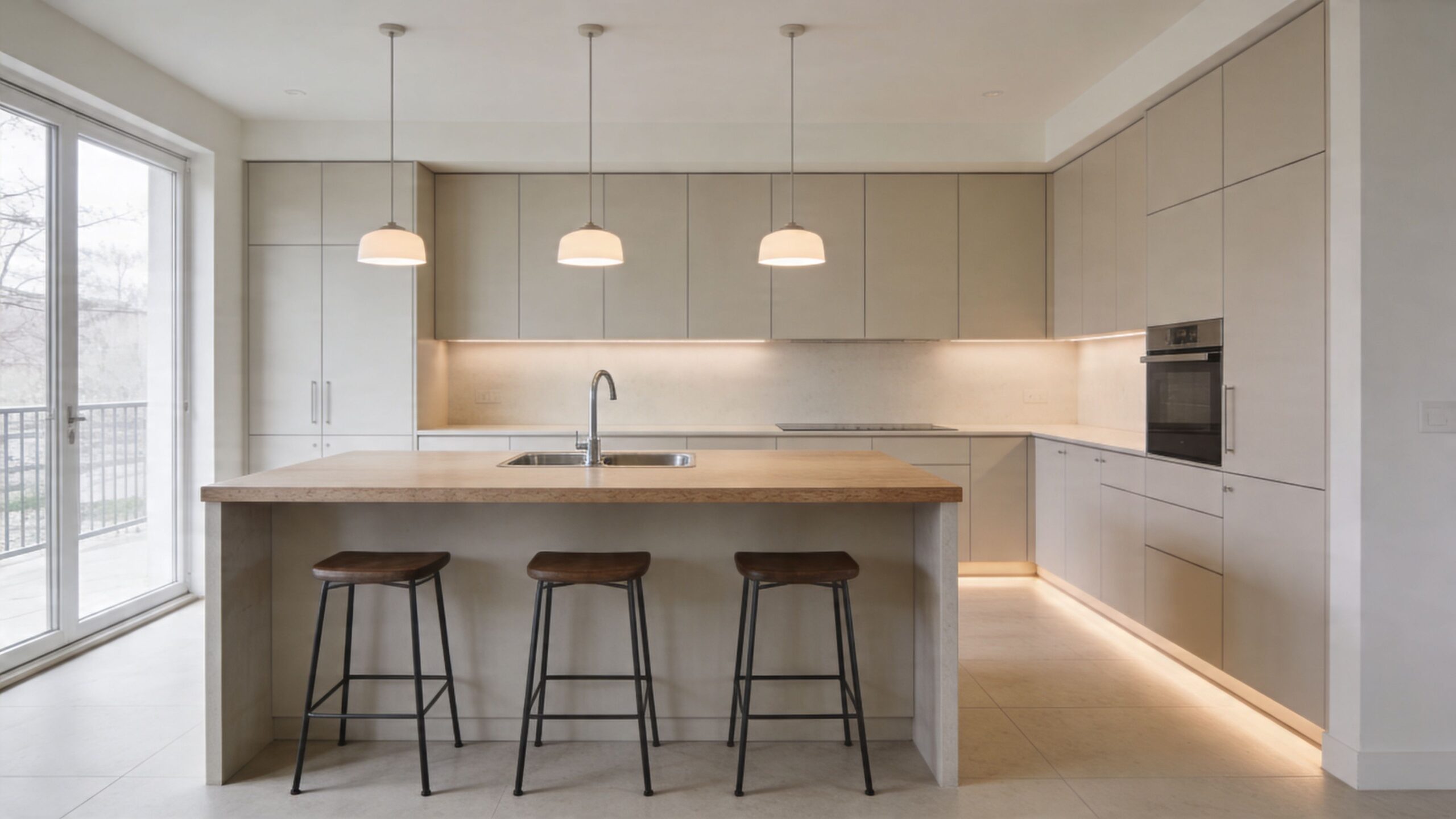 A modern minimalist kitchen featuring a wooden countertop island, three bar stools, and warm under-cabinet LED lighting.