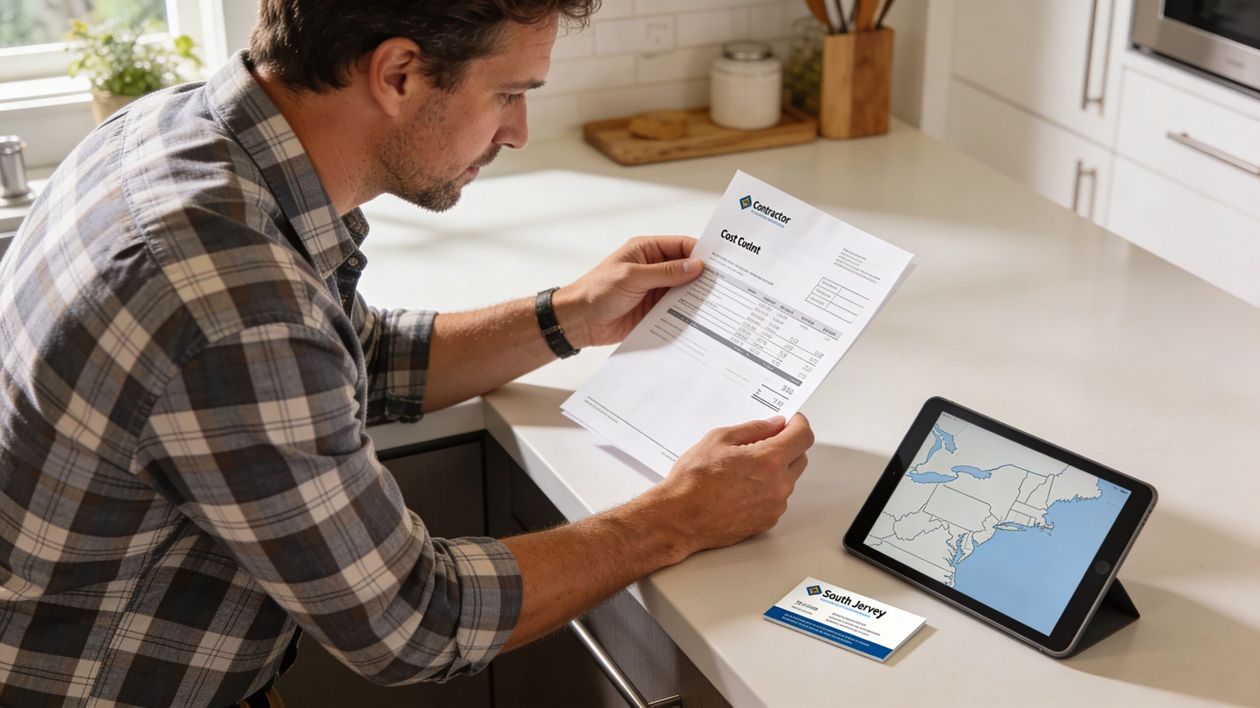 A man in a plaid shirt reviewing a document labeled Cost Count next to a tablet and business card.