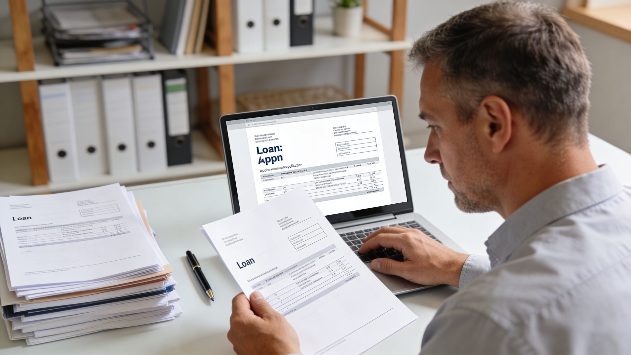 A professional man reviewing and processing loan application documents on his laptop while sitting at his desk.