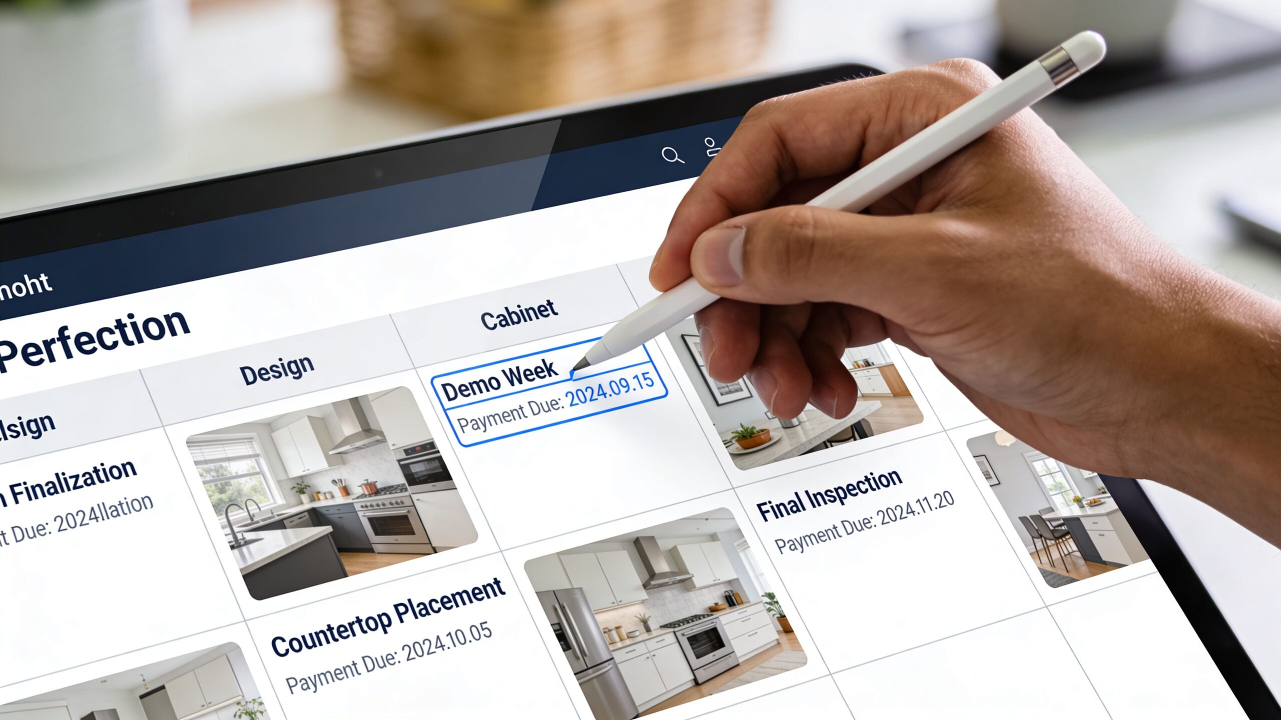 A hand using a digital pen on a tablet screen to manage a kitchen remodel payment schedule.