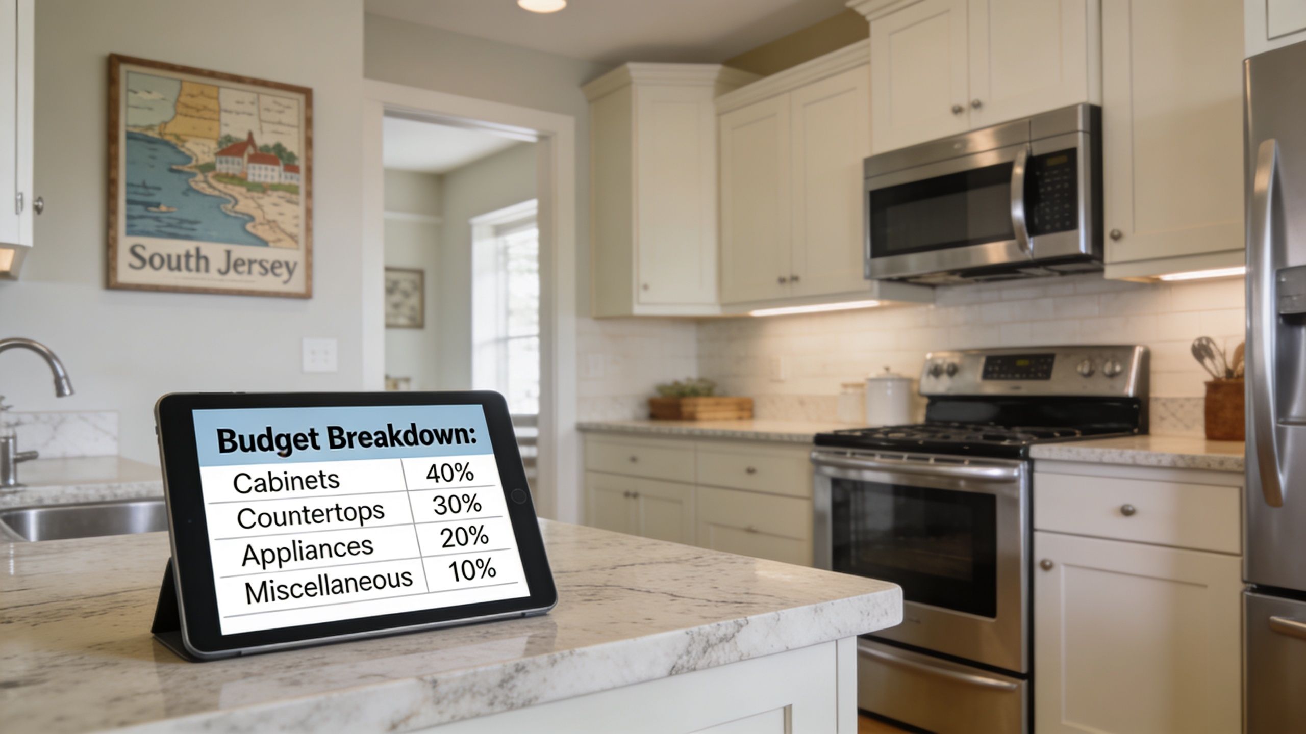 A digital tablet showing a kitchen renovation budget breakdown sits on a marble kitchen island countertop.
