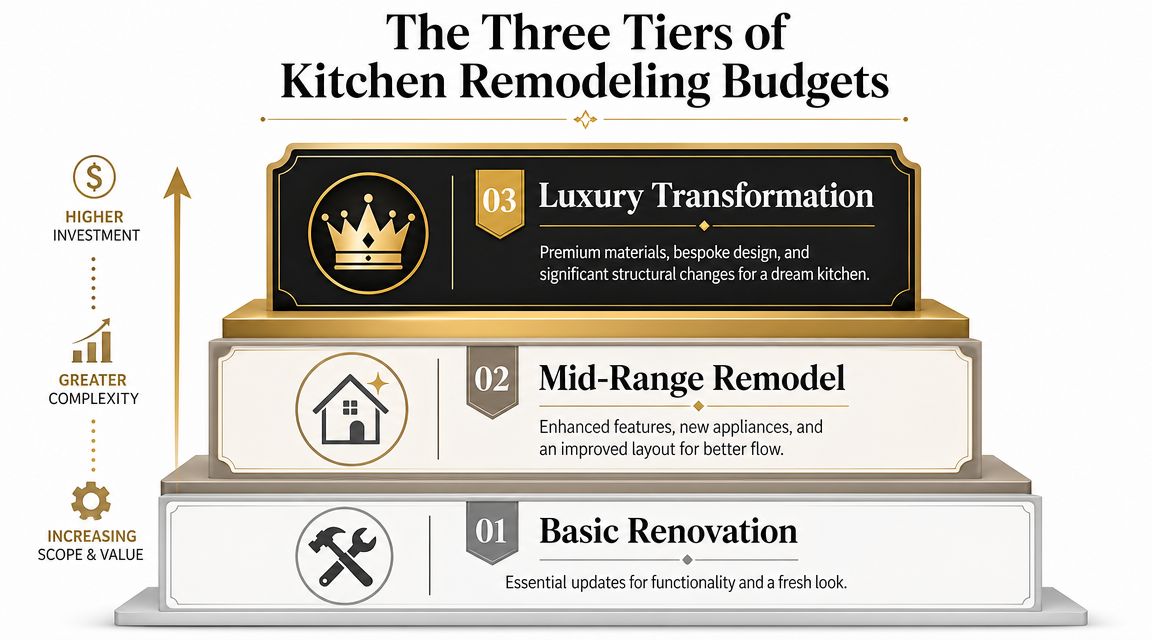 An infographic showing three tiers of kitchen remodeling budgets: Basic Renovation, Mid-Range Remodel, and Luxury Transformation.