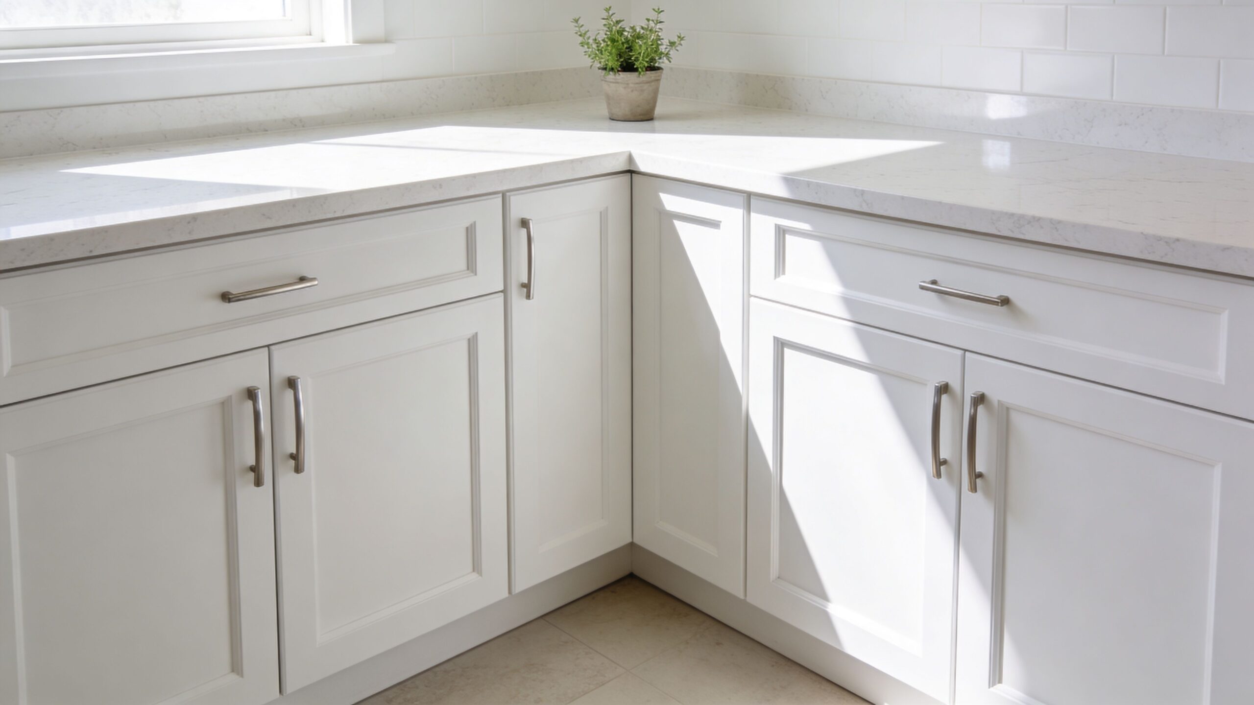 A clean white kitchen corner featuring shaker-style cabinets, quartz countertops, and a small potted herb plant.