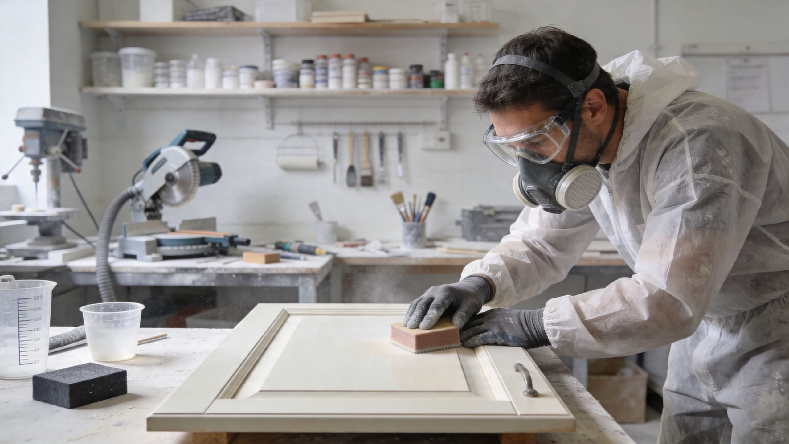 A professional furniture maker wearing protective gear sands a wooden cabinet door in a workshop.