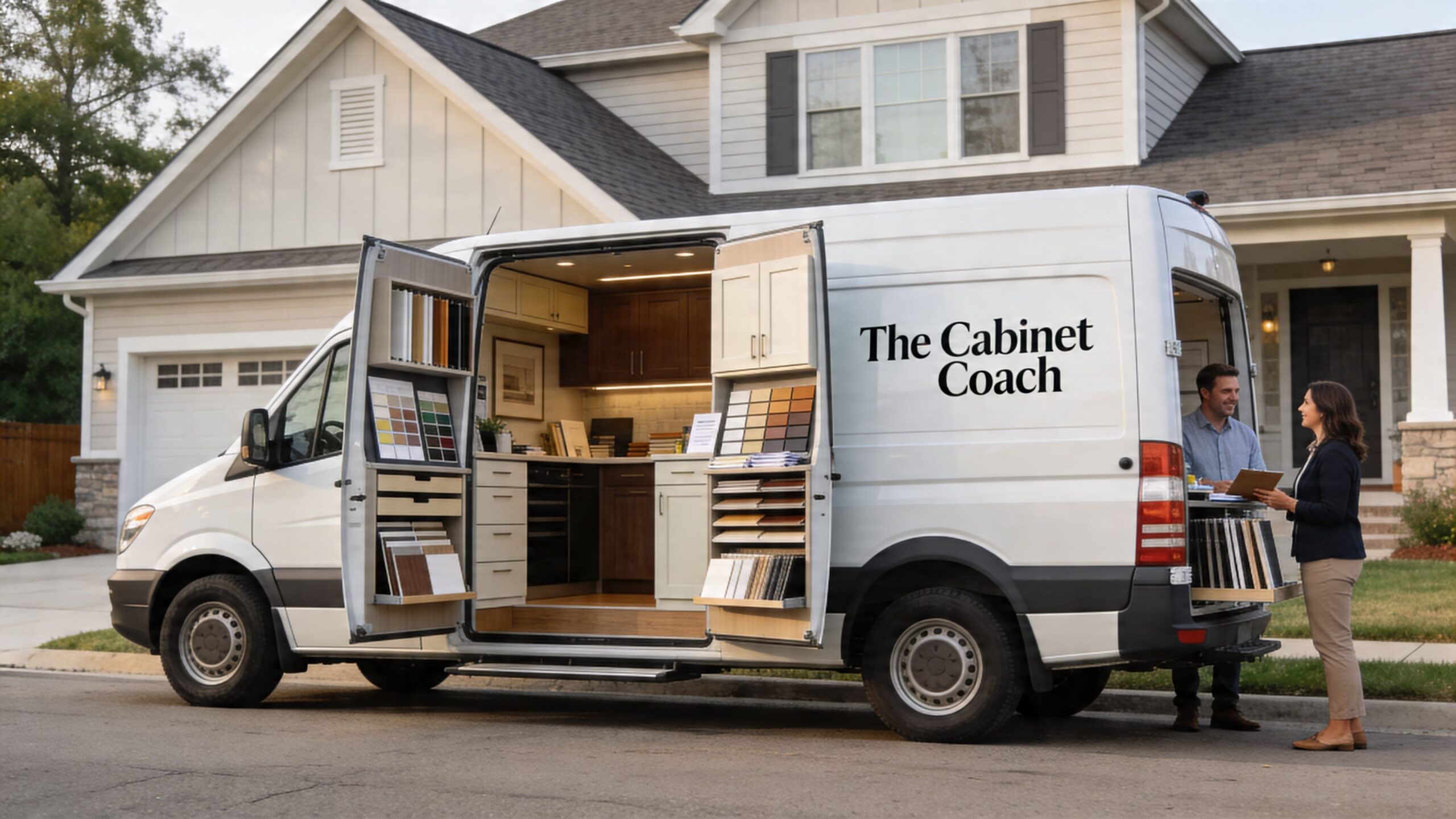 A professional mobile cabinet showroom van parked in a driveway in front of a residential house.
