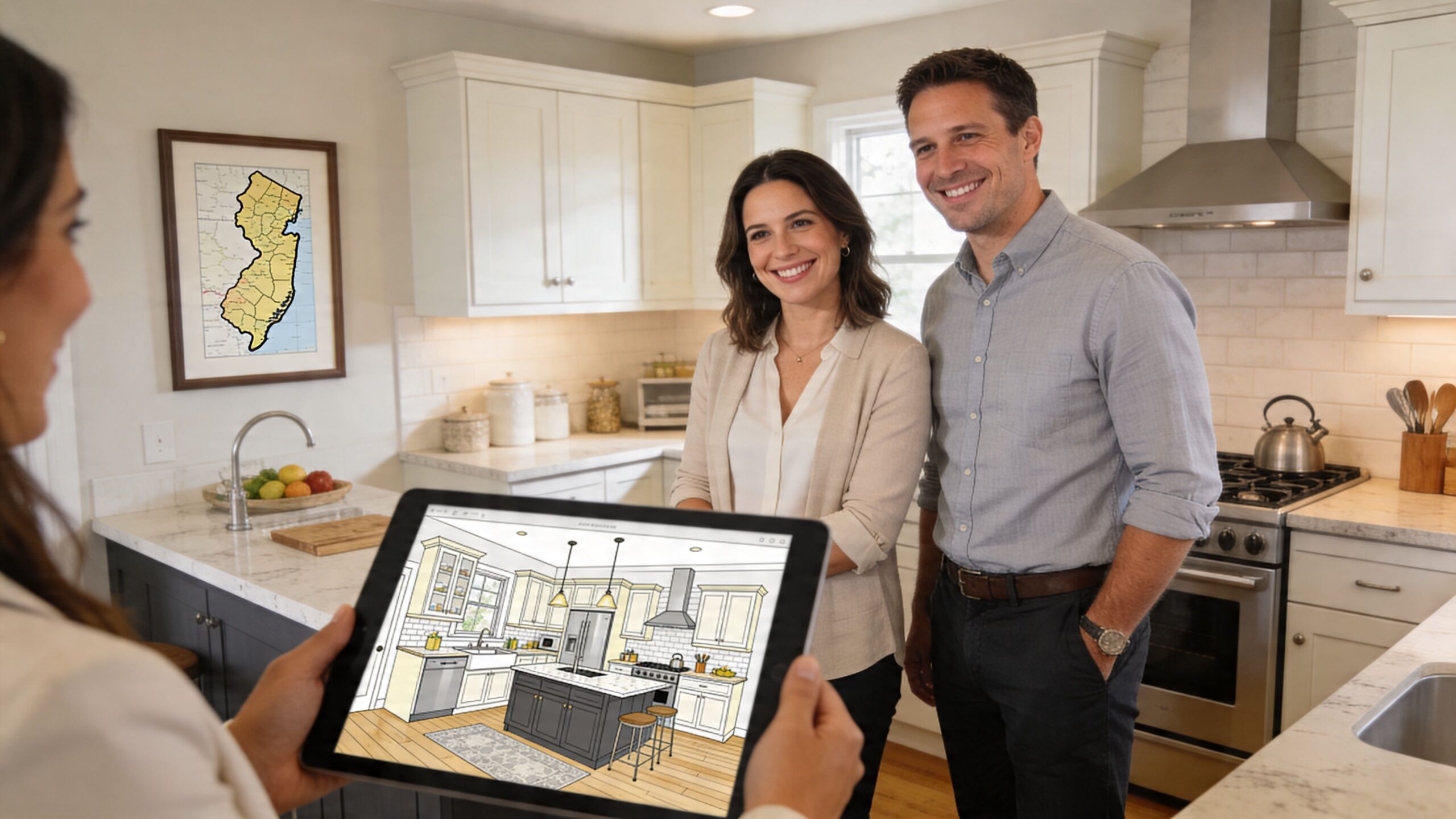 A professional kitchen designer shows a couple a digital blueprint of their planned small kitchen makeover.