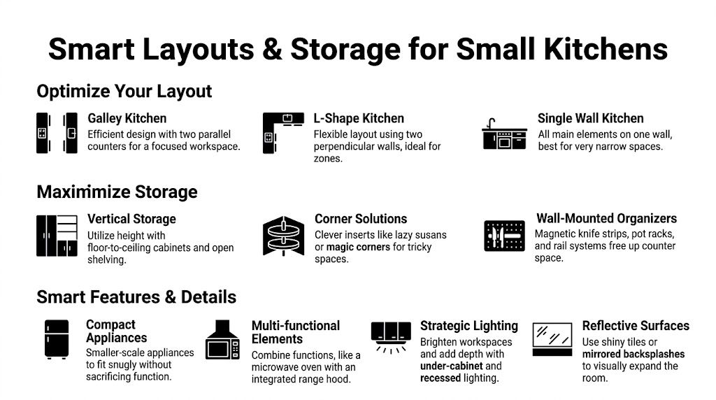 An infographic titled Smart Layouts and Storage for Small Kitchens providing tips for compact kitchen design solutions.