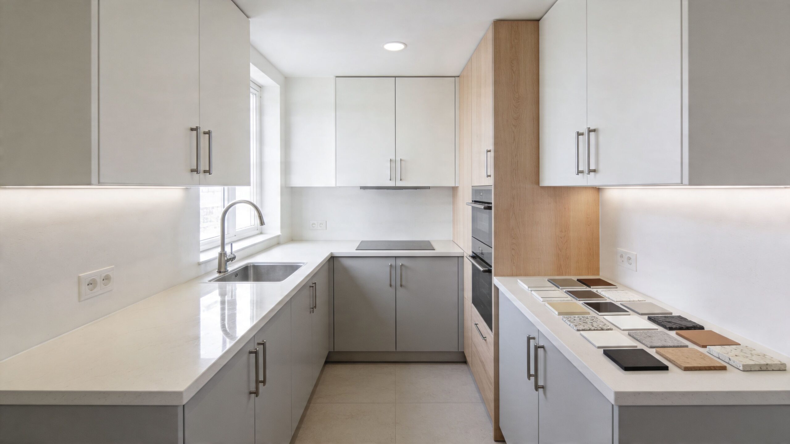 A bright and modern small kitchen featuring white upper cabinets, grey lower cabinets, and light wood accents.