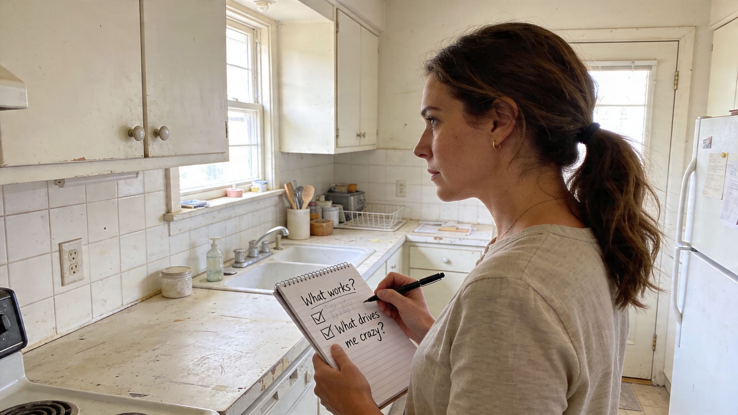 A woman stands in a worn-out kitchen writing notes in a spiral notebook about home improvement ideas.
