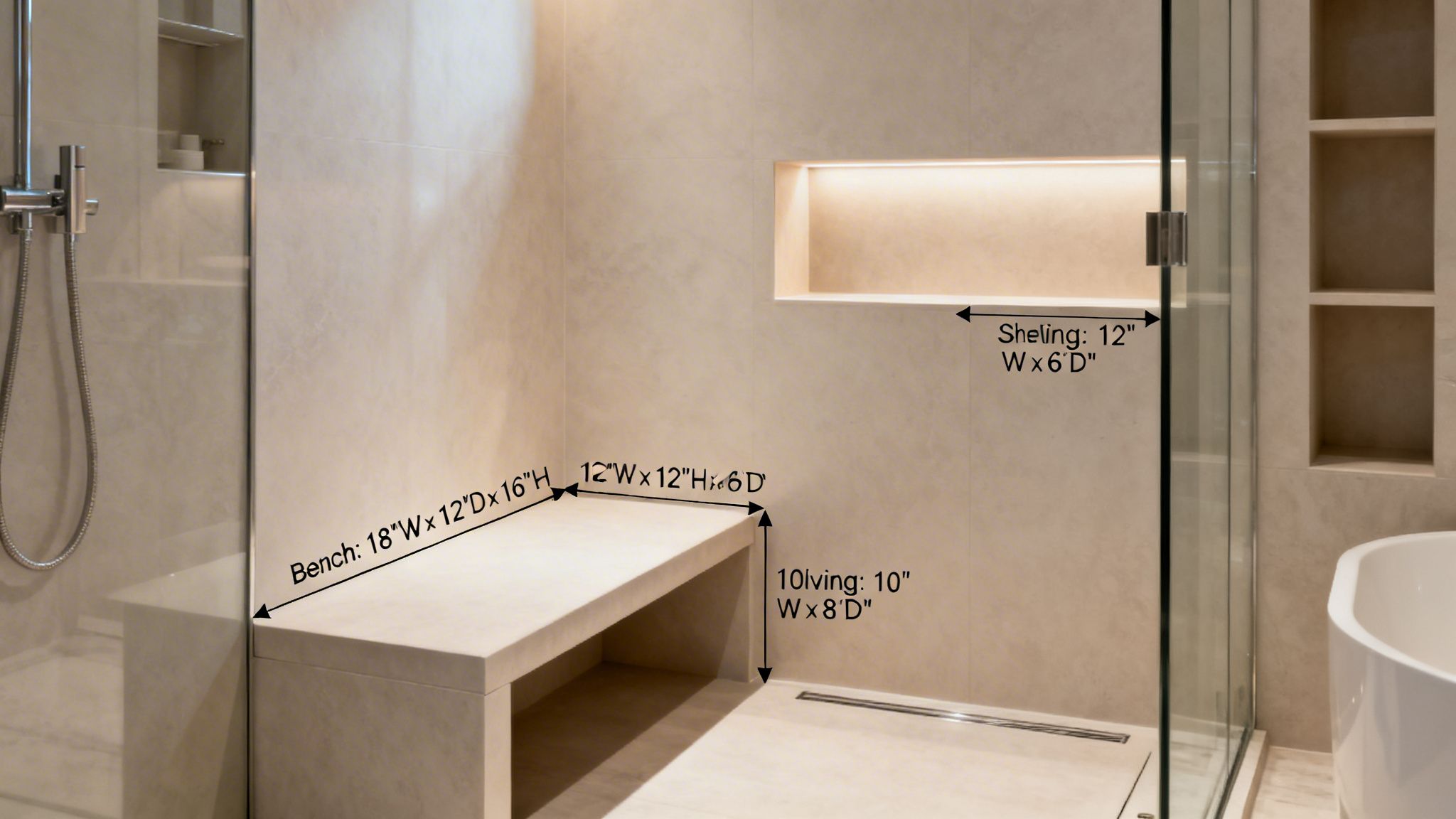A modern shower stall featuring a custom bench and built-in wall shelving with labeled dimensions for guidance.