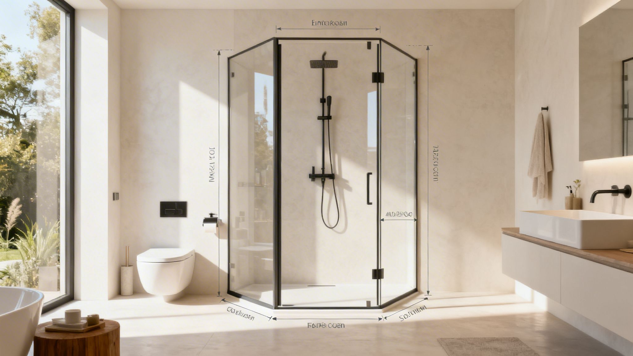 A modern bathroom interior featuring a pentagonal glass shower enclosure with clearly marked measurement dimension lines.