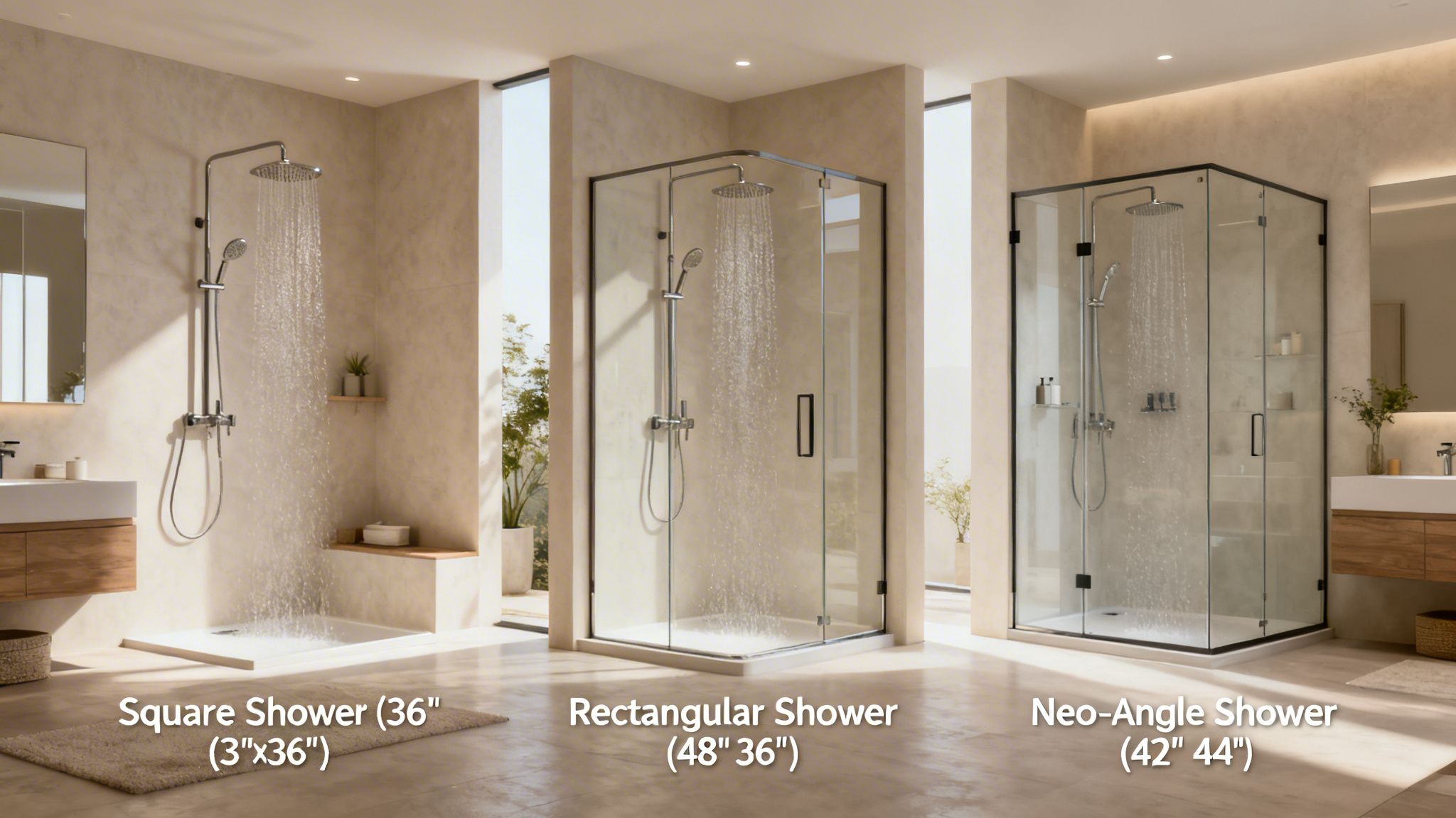 A modern bathroom display featuring three different types of shower stalls with their specific dimensions labeled below.