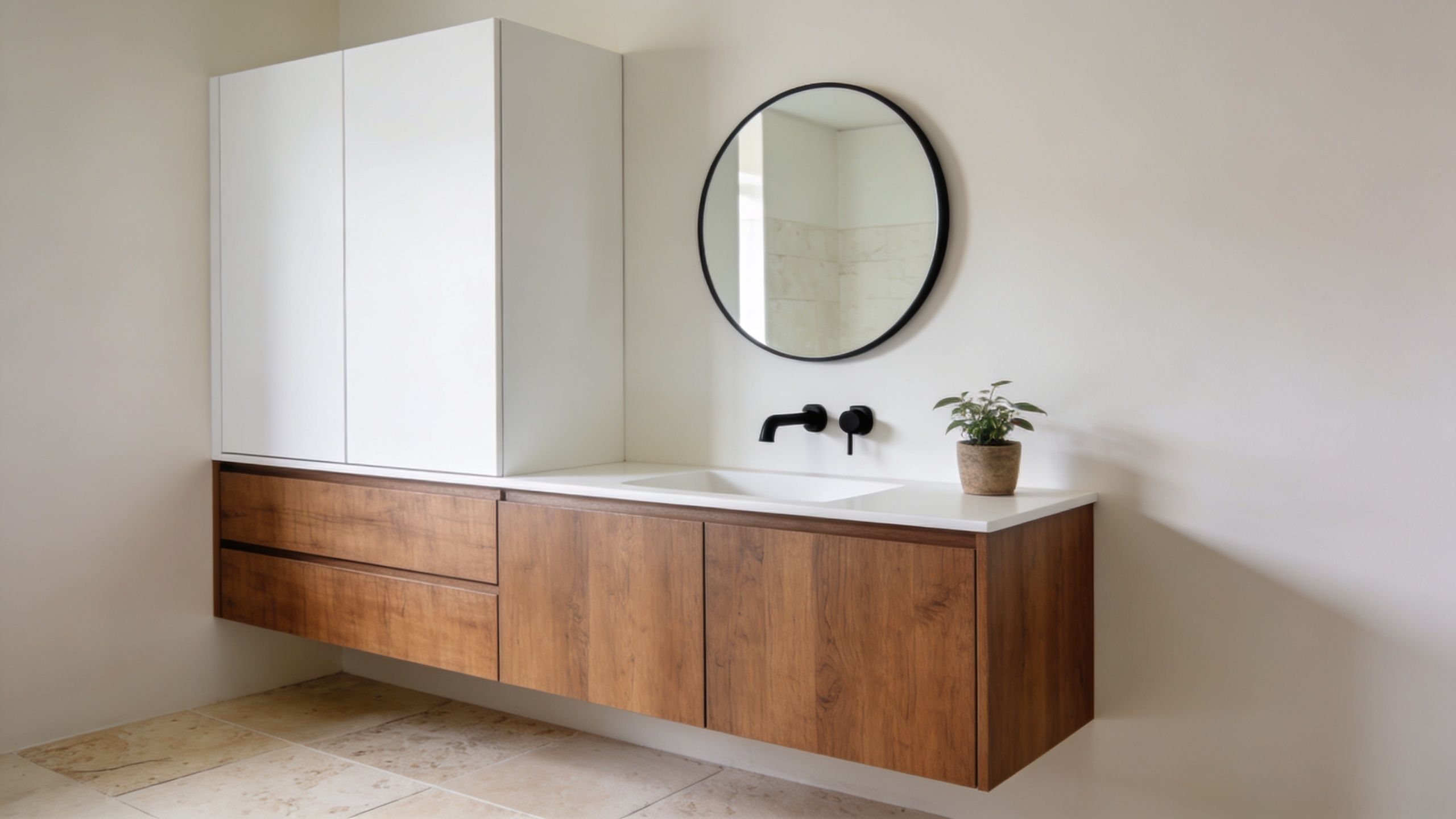 A modern floating bathroom vanity with wood cabinets and white countertop under a round mirror.