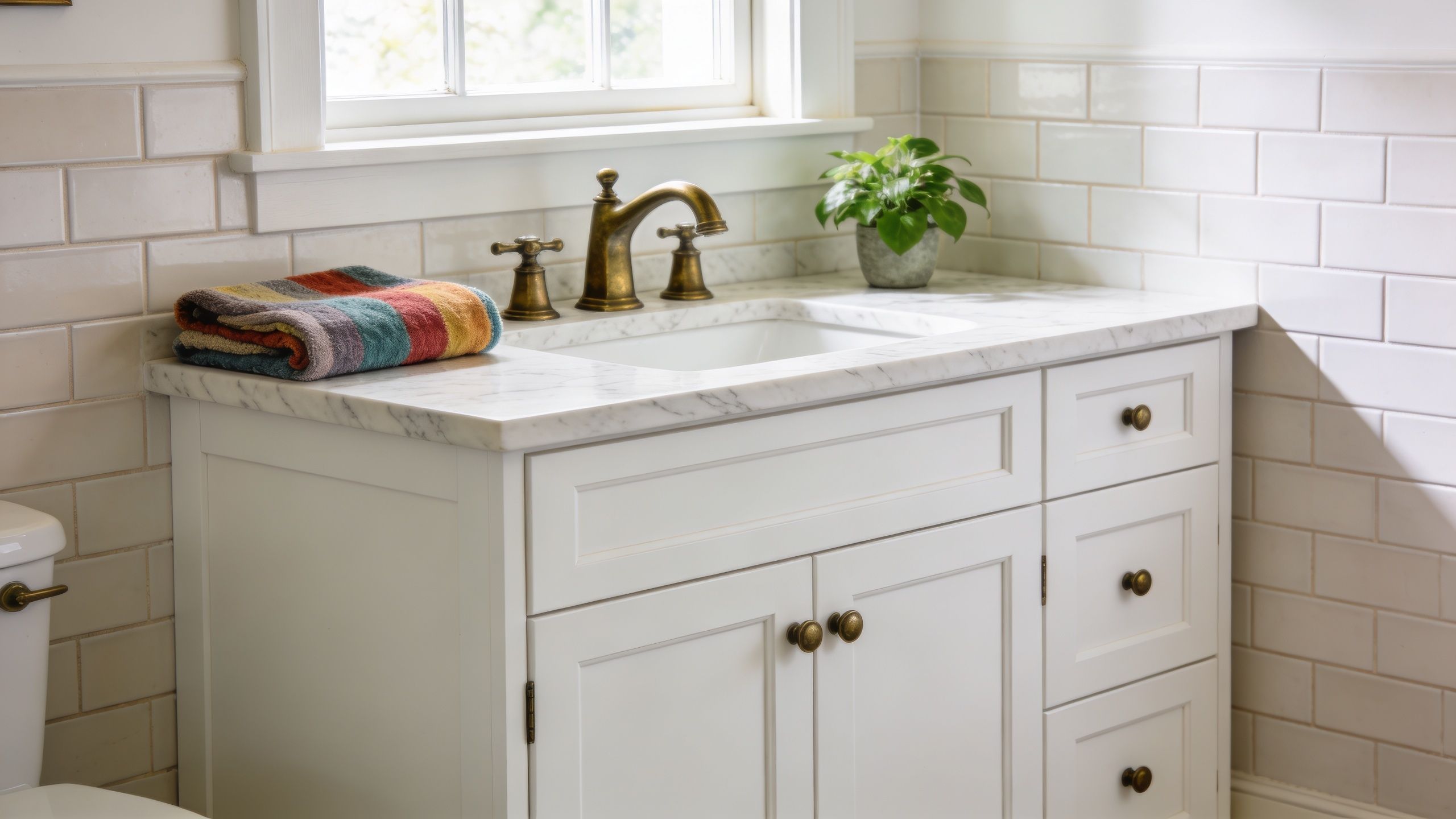 A elegant white bathroom vanity with marble countertop, brass faucet, and a colorful striped towel on top.