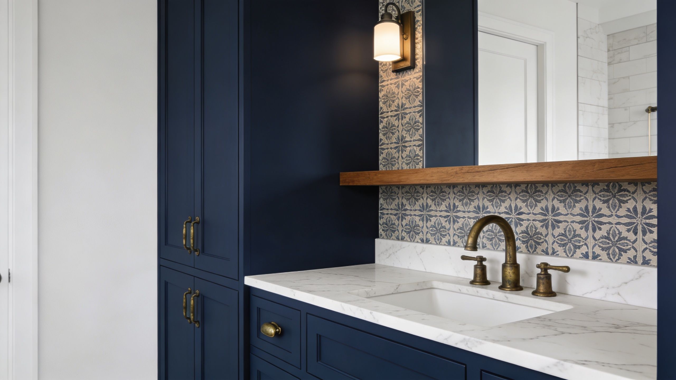 A modern bathroom vanity featuring deep blue cabinetry, brass hardware, marble countertops, and patterned decorative tile accents.
