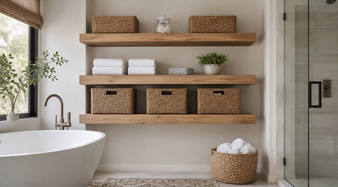A serene bathroom featuring floating wooden shelves with wicker baskets, neatly folded towels, and a white soaking tub.