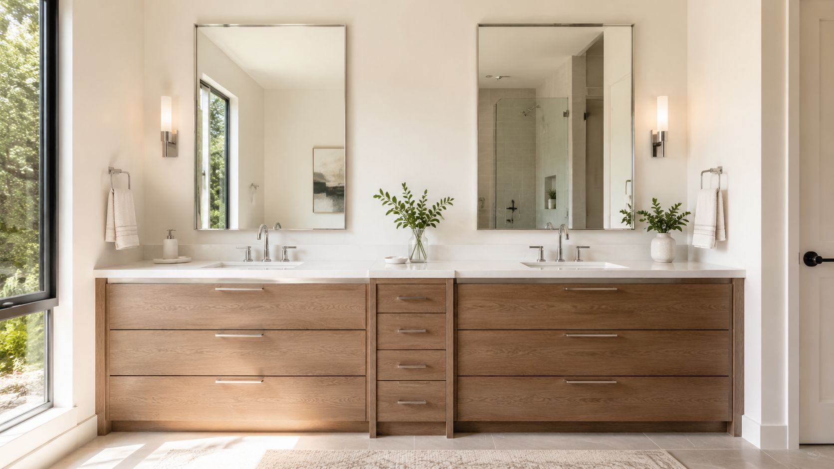 A modern double vanity bathroom cabinet with natural wood finish, clean white countertops, and two large mirrors.