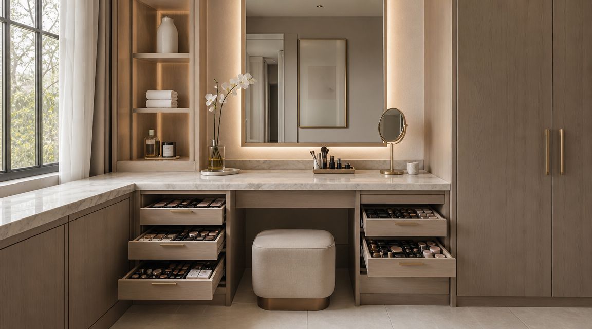 A modern, organized vanity area with a built-in makeup desk, drawers, mirror, and stool in a bathroom.
