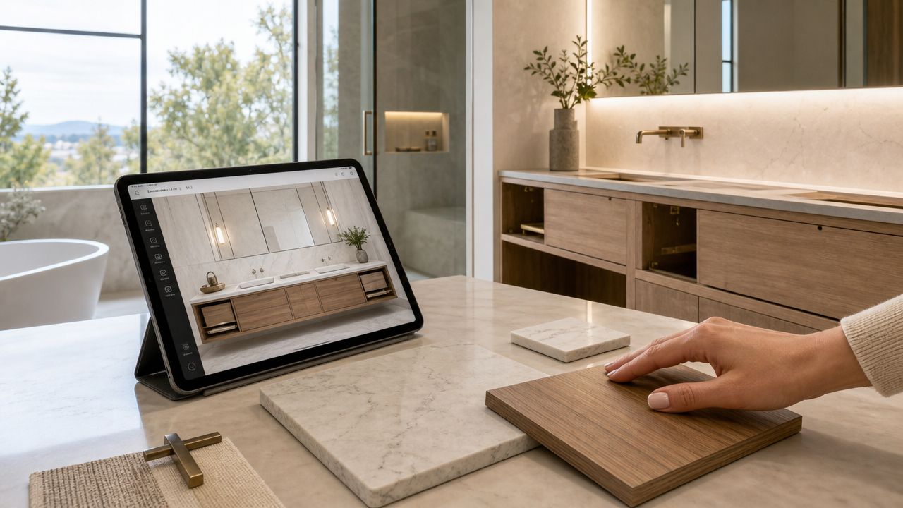 A hand touches a wood sample on a marble surface next to a tablet displaying bathroom design.