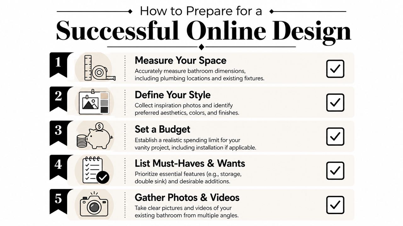 An infographic showing five steps to prepare for a successful bathroom vanity design project online.