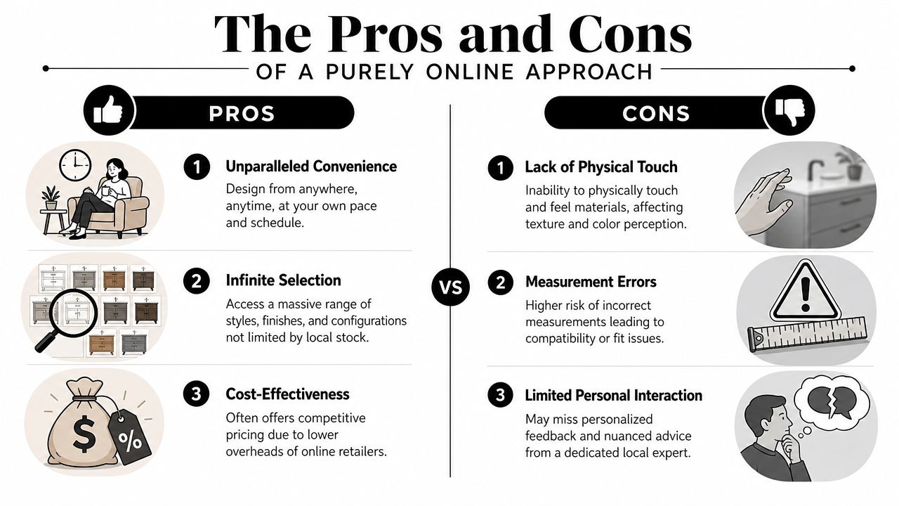 A comparison infographic showing the pros and cons of choosing a bathroom vanity design online.