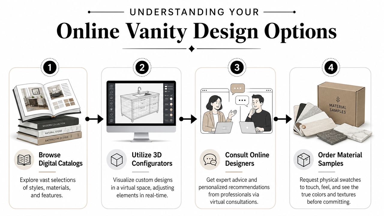 An infographic showing four steps for custom bathroom vanity design including browsing, virtual configuration, consultation, and samples.