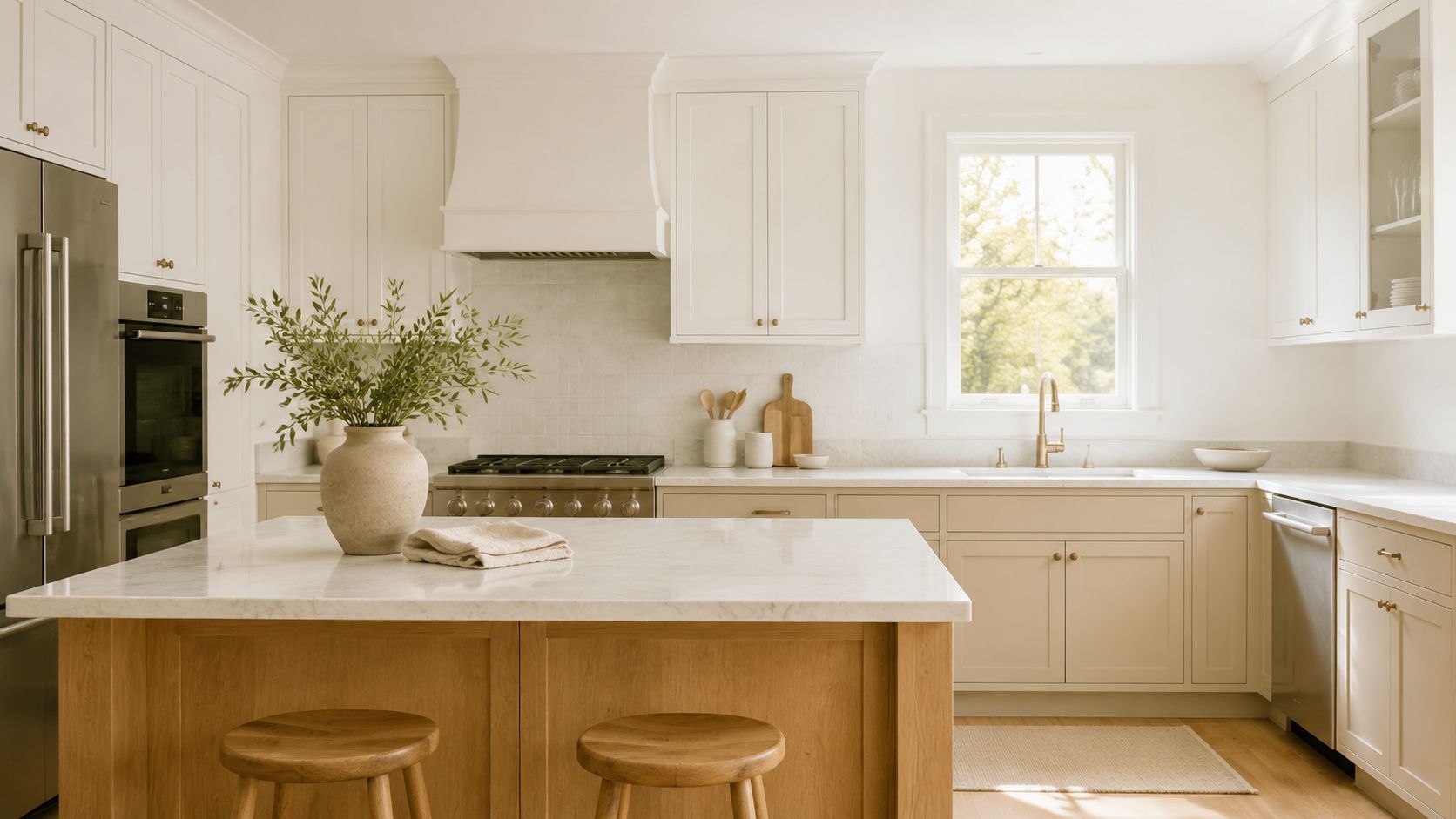 A bright, modern kitchen featuring white cabinets, a wooden island, and neutral decor accents.