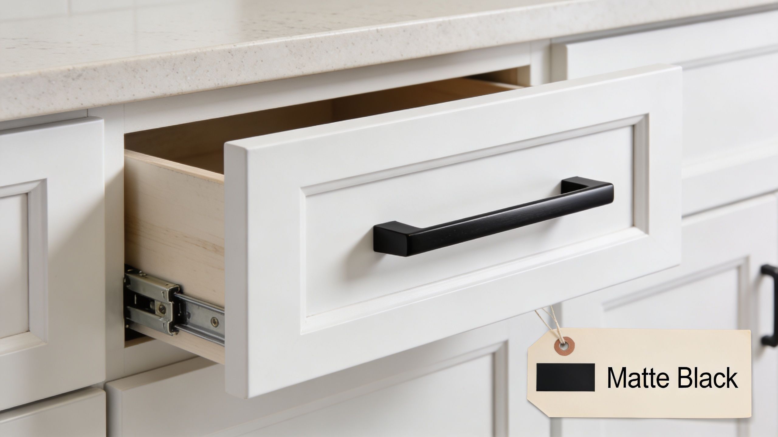 A close-up view of a white kitchen drawer with a modern matte black cabinet pull handle installed.