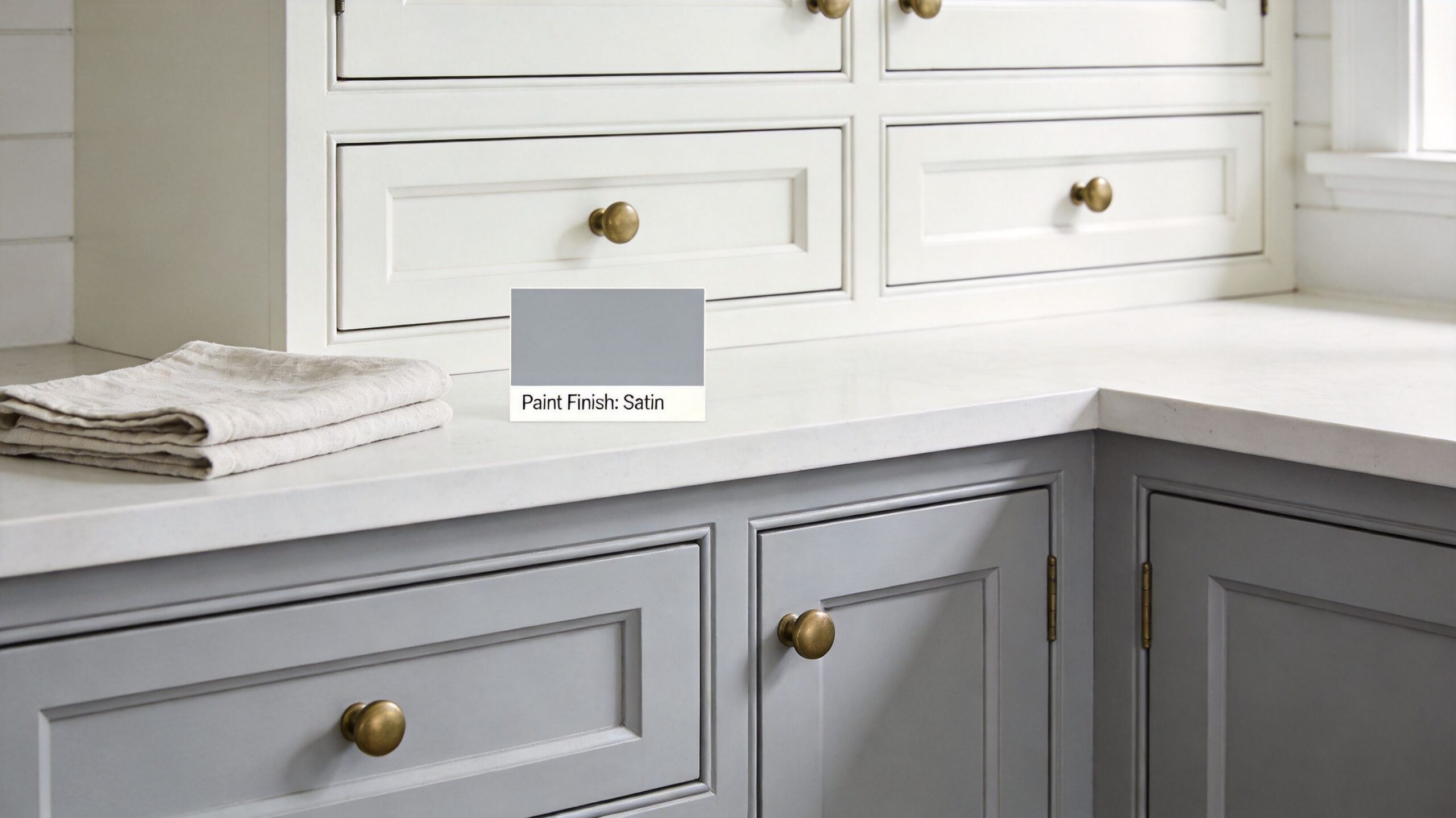 A kitchen counter with grey cabinets, brass hardware, and a small grey paint sample color card.