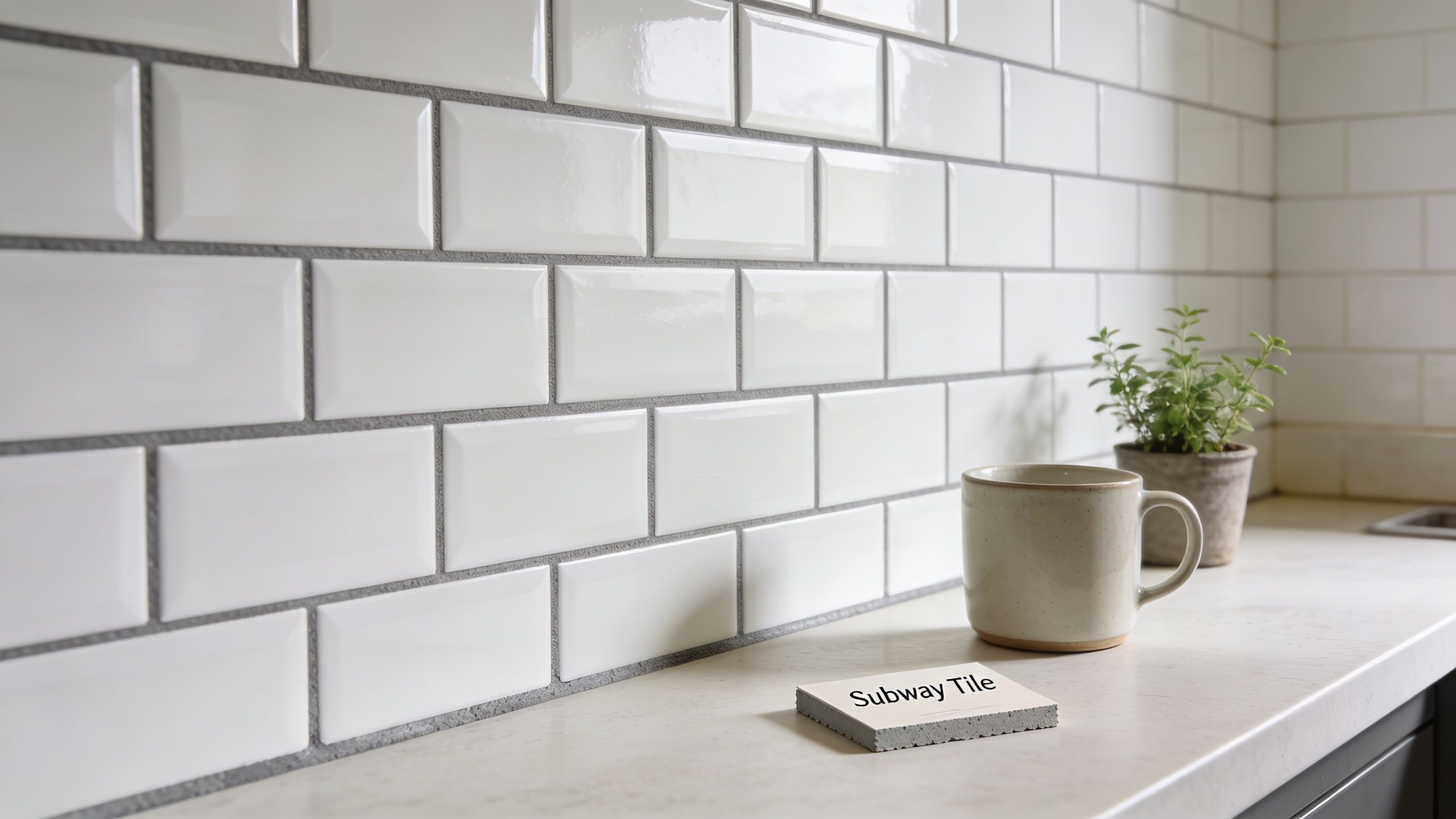 A close-up view of white subway wall tiles in a kitchen with a mug and plant.