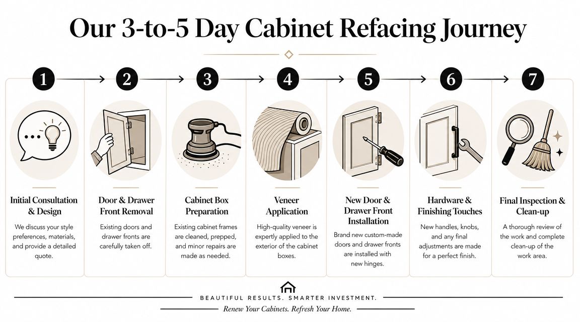 A step-by-step visual guide outlining the seven-stage process for professional kitchen cabinet refacing and restoration.