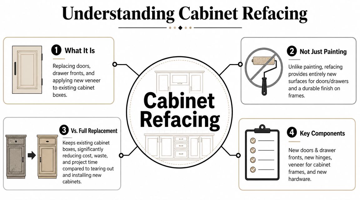 An infographic titled Understanding Cabinet Refacing explaining the process, benefits, and components of kitchen cabinet refacing.