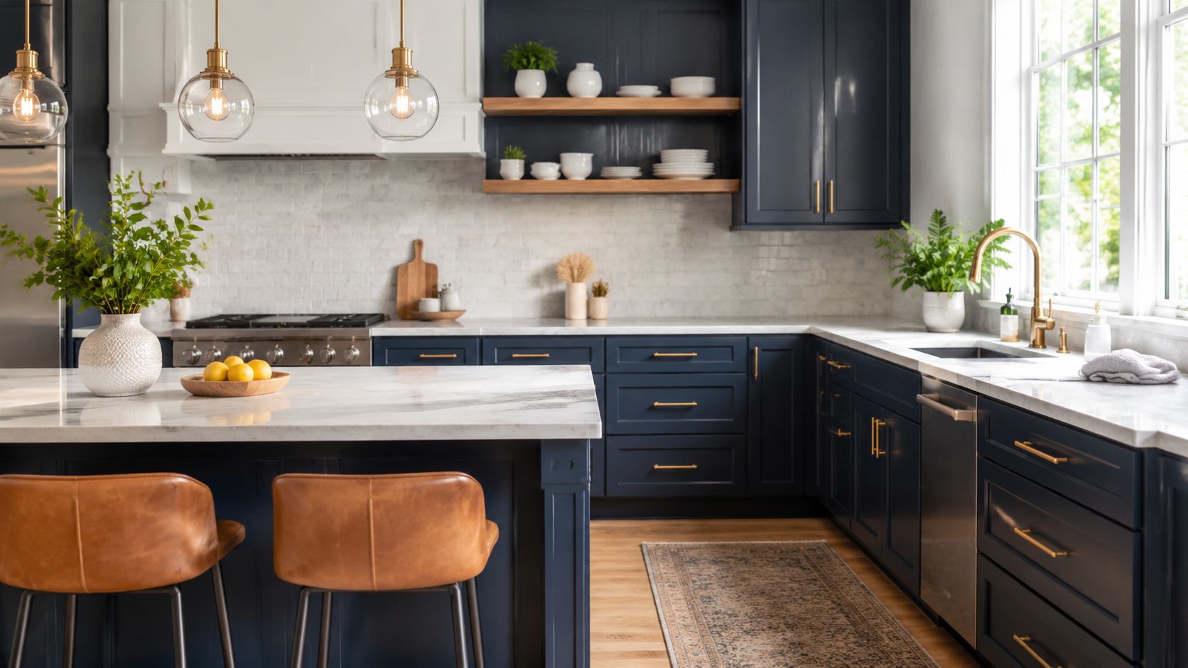 A modern kitchen with navy blue cabinetry, white marble countertops, and leather stools, showcasing interior design elegance.