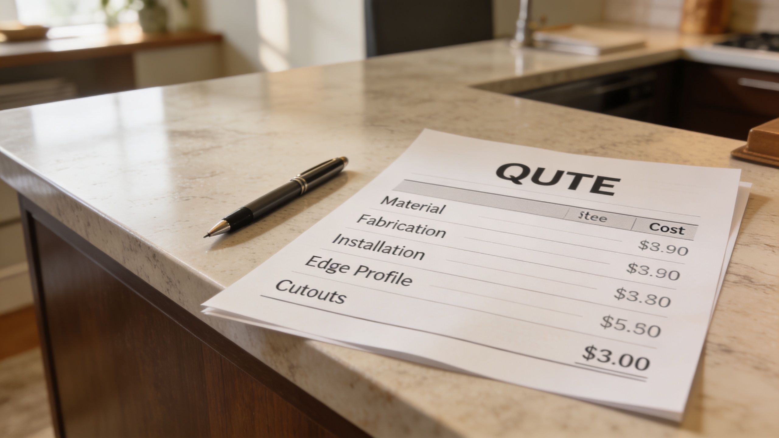 A printed quote for countertop services with a pen resting on a marble kitchen island countertop.